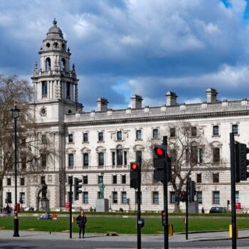 Building of the UK treasury building in London.