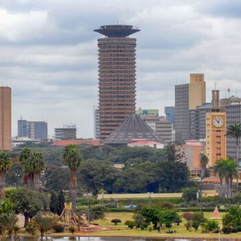 View of central Nairobi, Kenya, with green area in the foreground.