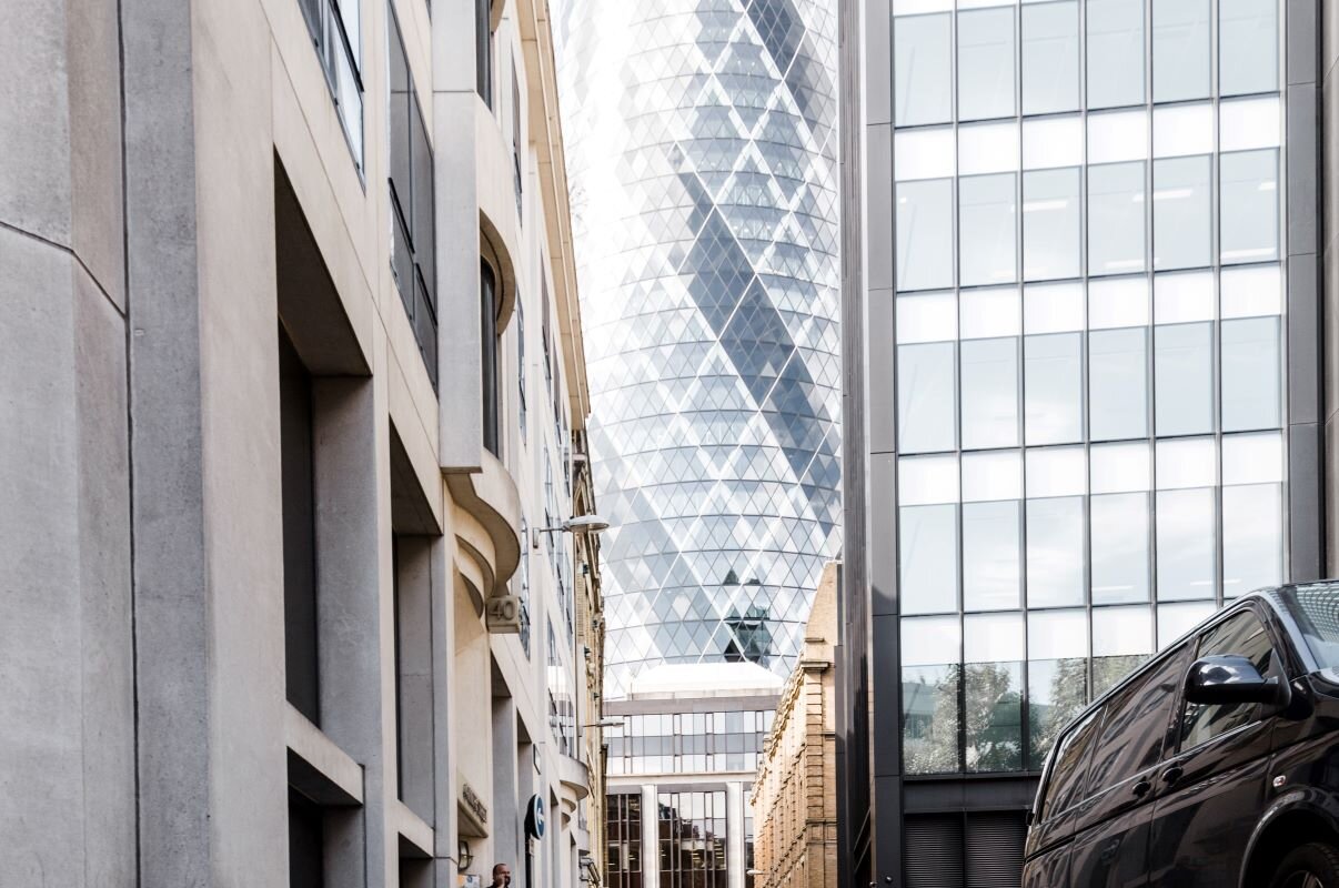 View of the Gherkin in the City of London. Photo by Anthony Tyrrell on Unsplash.