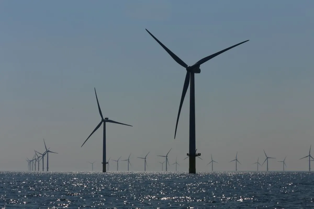 View of windmills of Rampion windfarm off the coast of Brighton, Sussex, UK.