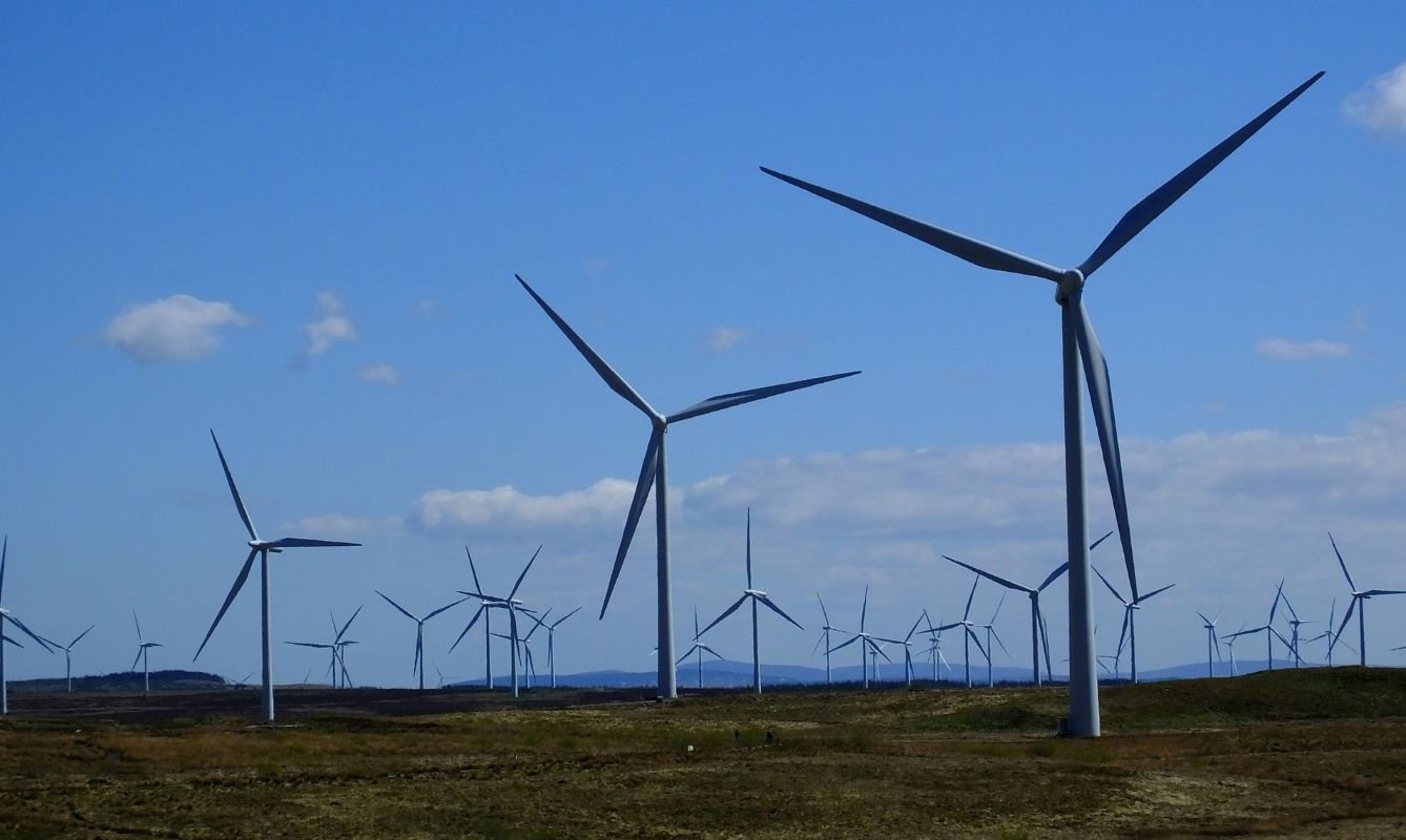 Whitelee Wind Farm, the largest onshore wind farm in the British Isles, covering some 55 square kilometres of moorland just southwest of Glasgow