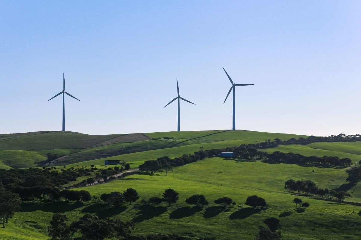 Wind turbines on green rolling hills
