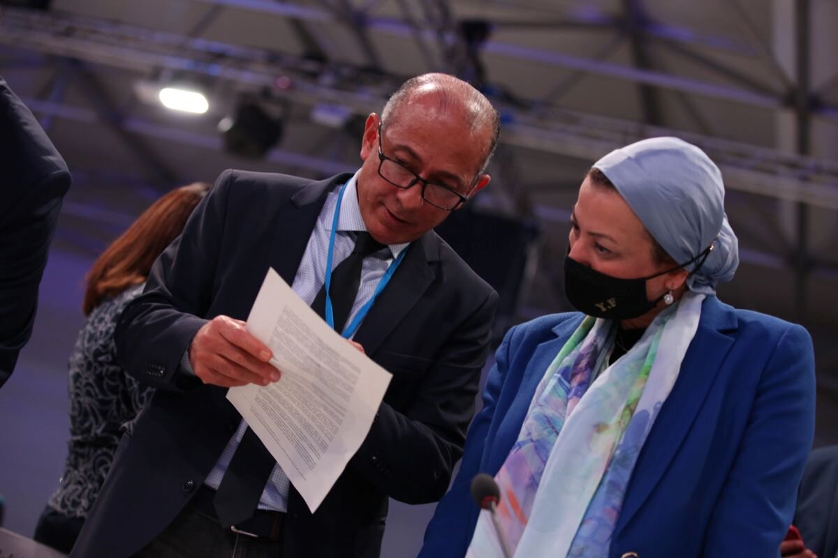 Yasmine Fouad, Minister of Environment, Egypt and Wael Aboulmagd, Egyptian diplomat at the closing plenary of COP26. COP27, a key climate diplomacy moment, will be held in Sharm El-Sheikh, Egypt. Photo by UN Climate Change on Flickr.