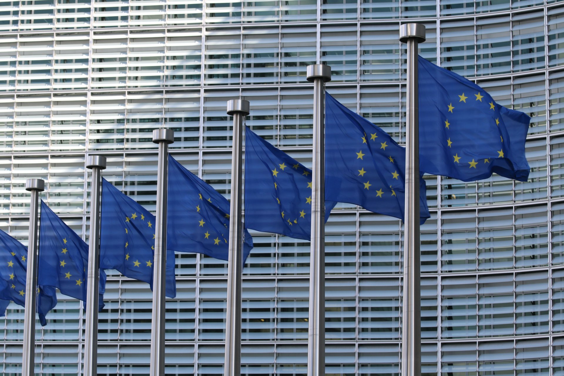 seven European flags are lined up outside a building