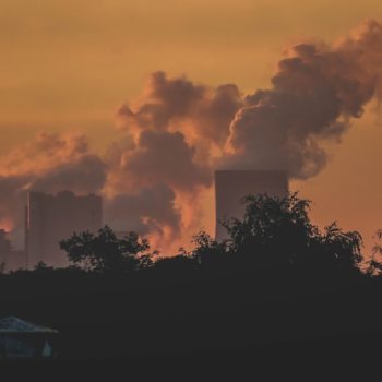 Power plant smoke at sunset.