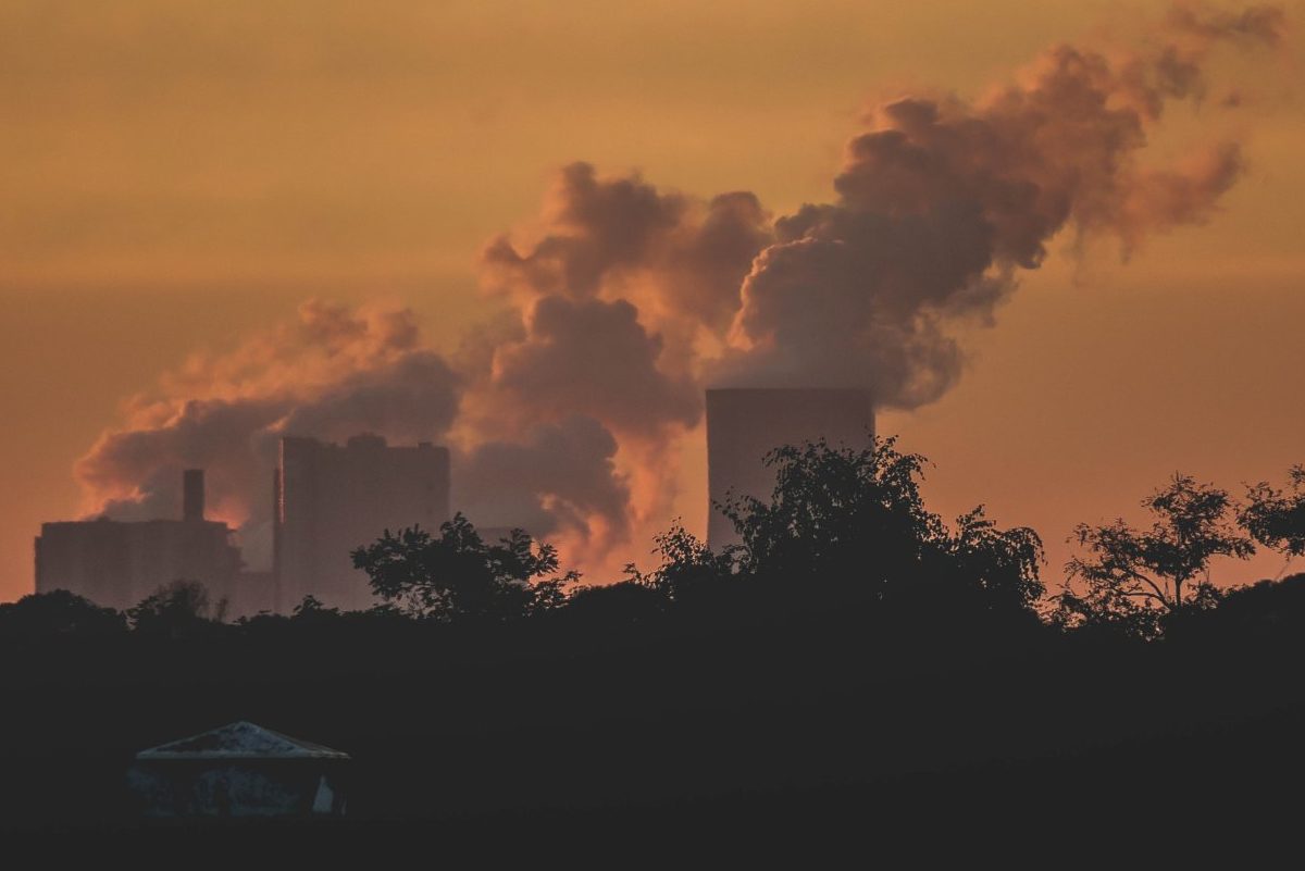 Power plant smoke at sunset.